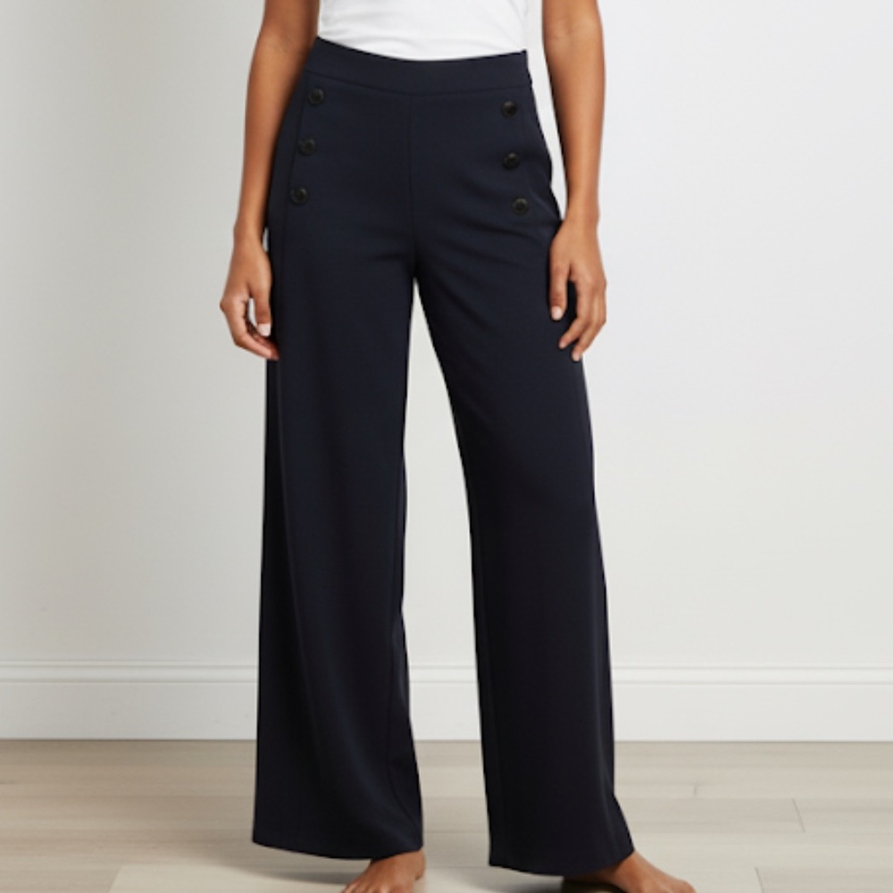 ❤ DKNY Navy Sailor nautical Button flat front High Rise Wide Leg Pant Size 10